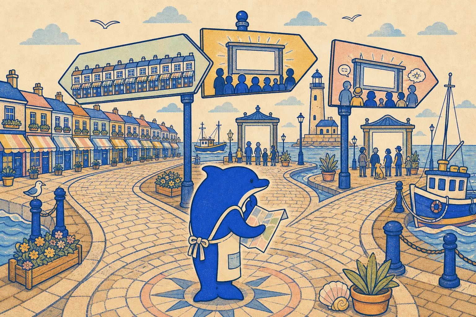 A harbour crossroads where the Schmitdy dolphin chooses between the old blue-link high street and the glowing answer-boards