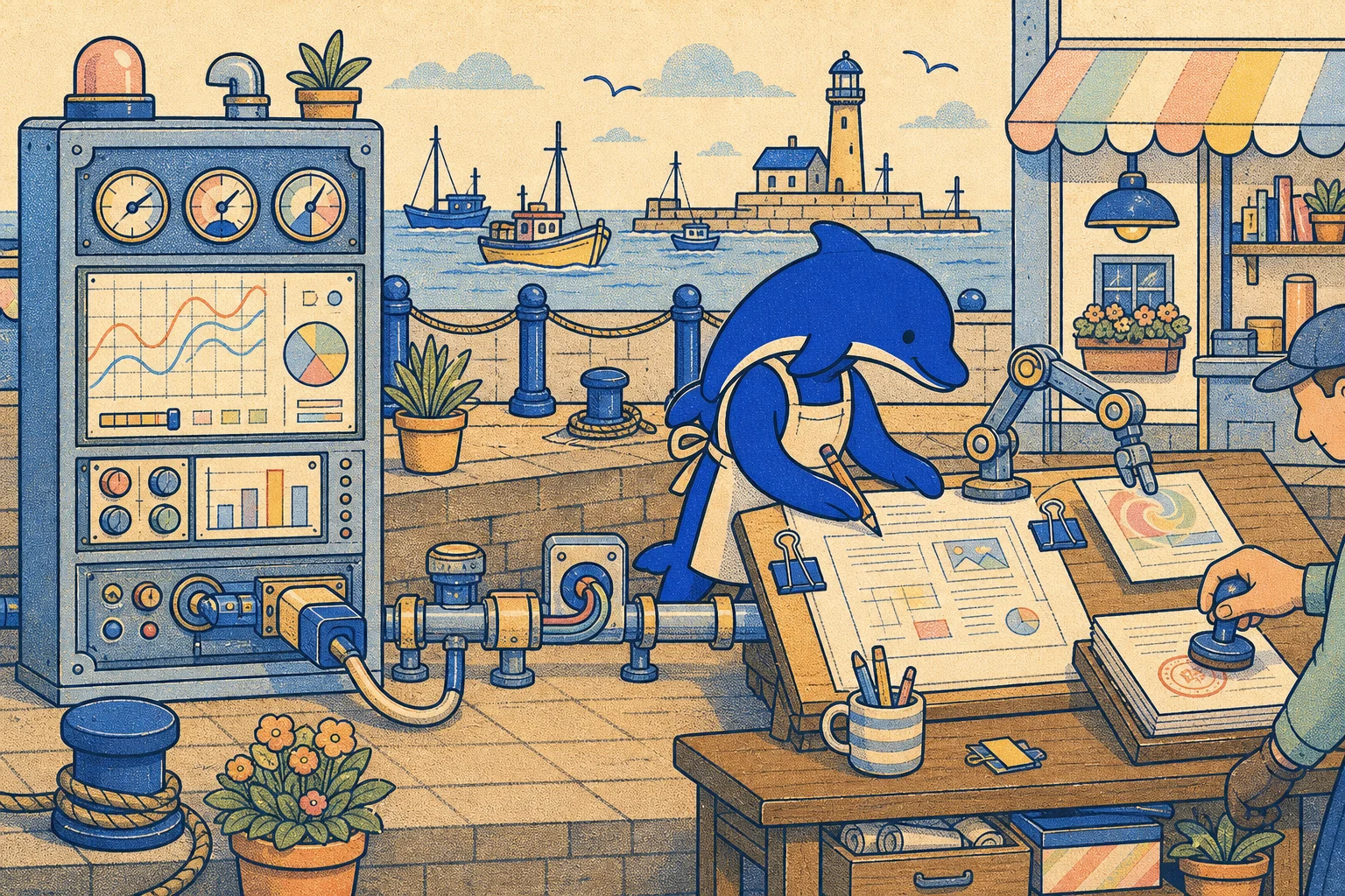 The Schmitdy dolphin wiring a data-gauge cabinet to a drafting station, with a human approval stamp at the end