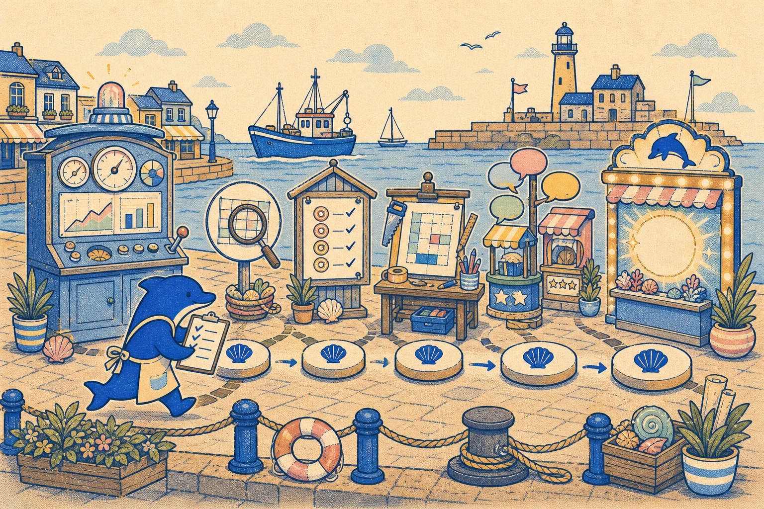 A five-step harbour walk from a data dashboard to a glowing answer-board where the Schmitdy dolphin's shop is named