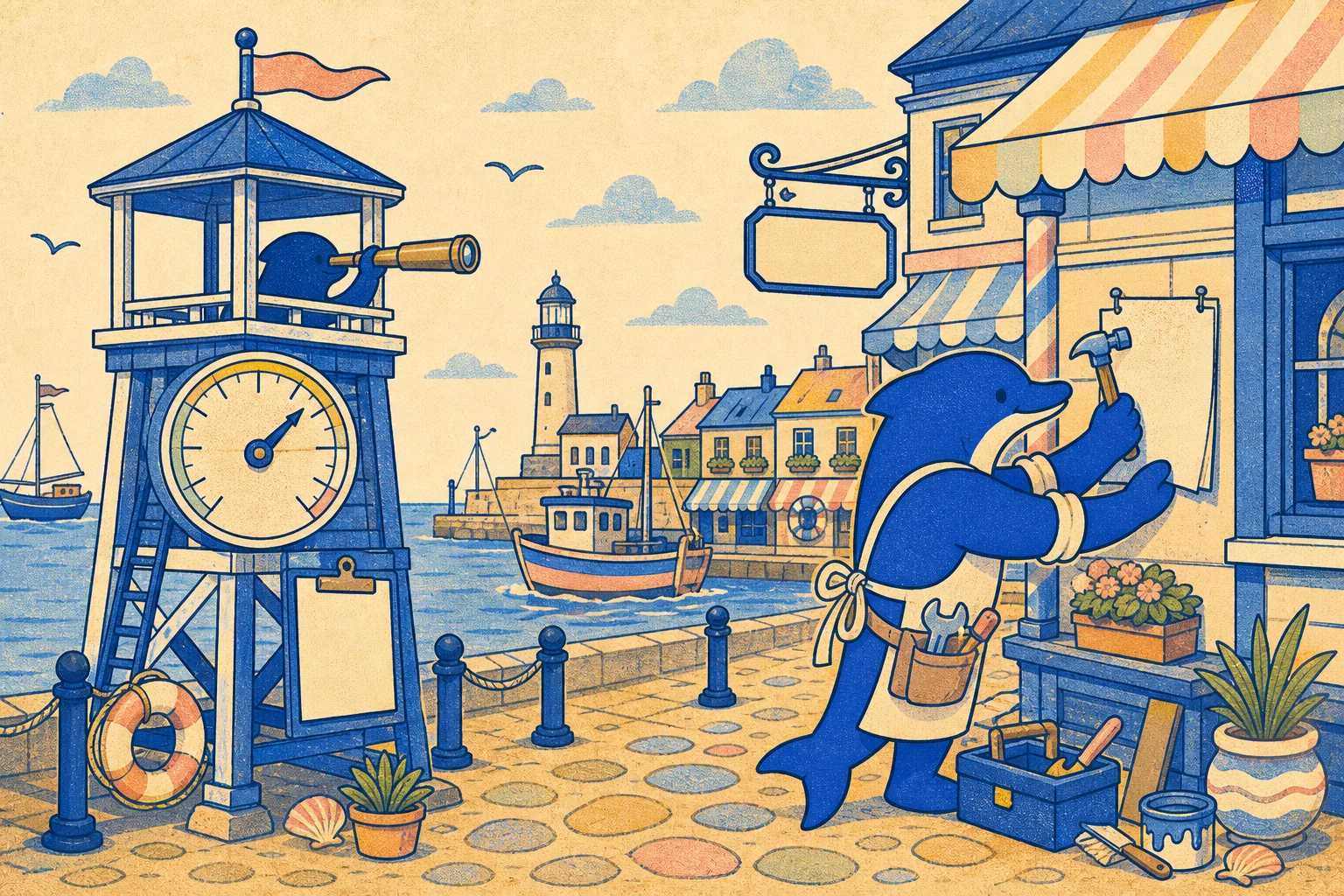 A harbour watchtower just watching the gauge while the Schmitdy dolphin rolls up its sleeves and fixes the shopfront
