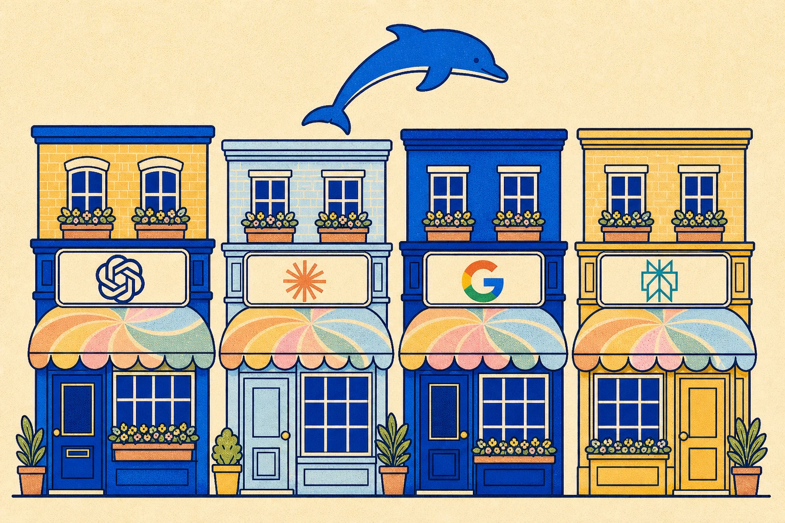 Die AI Search High Street, eine Reihe von Ladenfronten als AI Engines, mit dem Schmitdy Delfin, der über die Straße Richtung Hafen springt