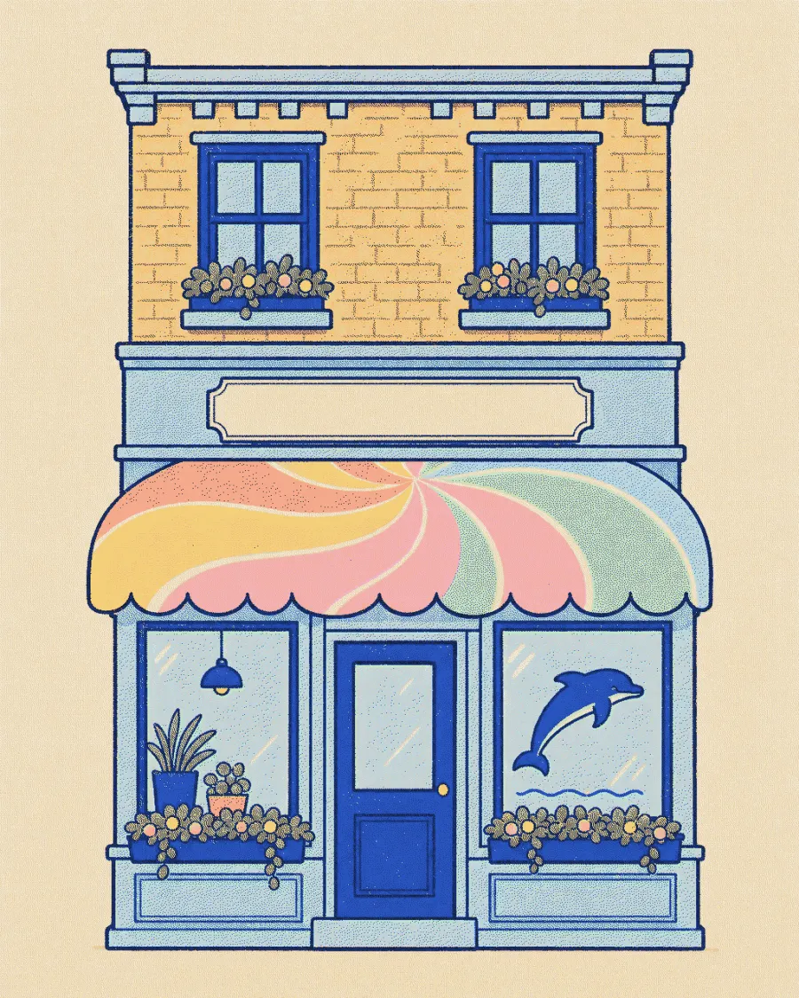 Schmitdy HQ, eine Ladenfront in der High Street mit Candy Swirl Markise und Delfin auf dem Fenster