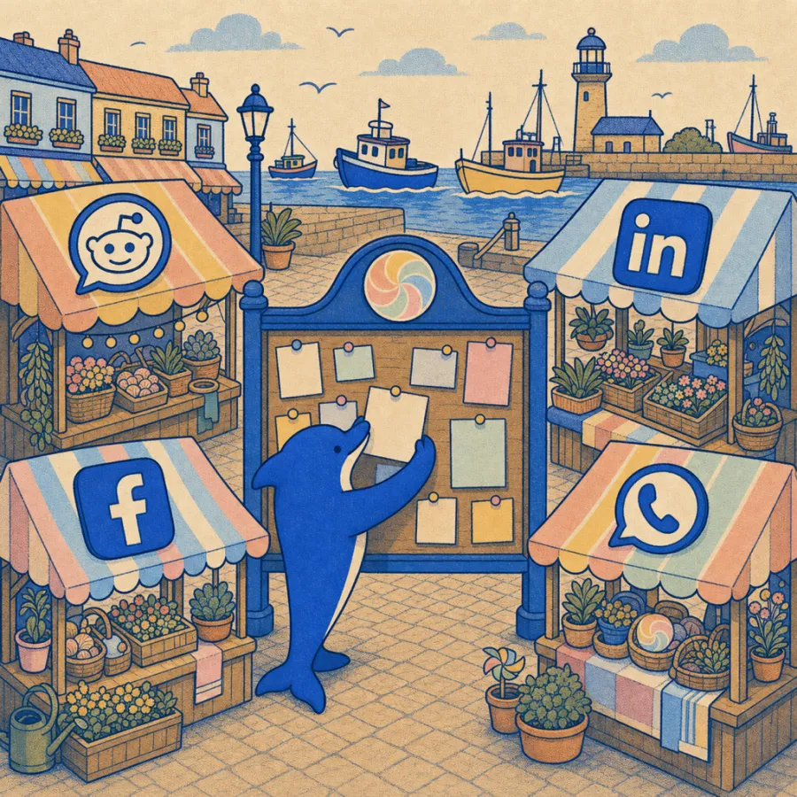 Ein Marktplatz und Community Schwarzes Brett mit Ständen für Reddit, LinkedIn, Facebook und WhatsApp, während der Delfin eine nützliche Notiz anheftet
