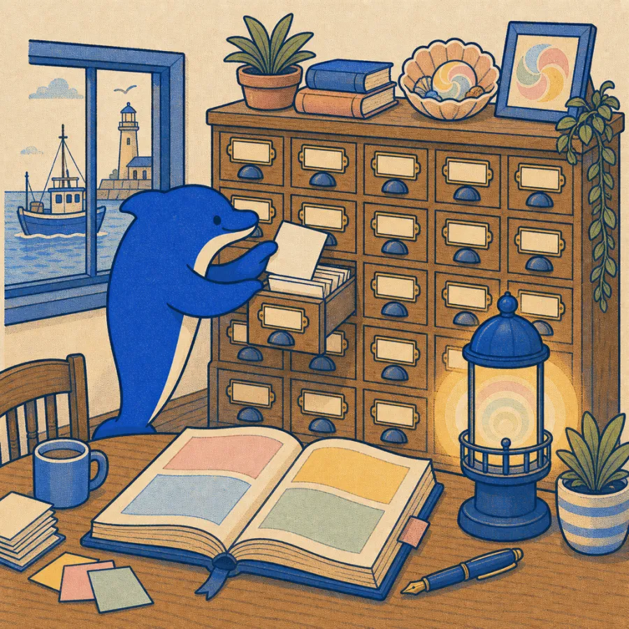 Eine Wand aus beschrifteten Memory Schubladen und ein Logbuch neben einer leuchtenden Leuchtturmlampe, der Delfin legt eine Notiz ab