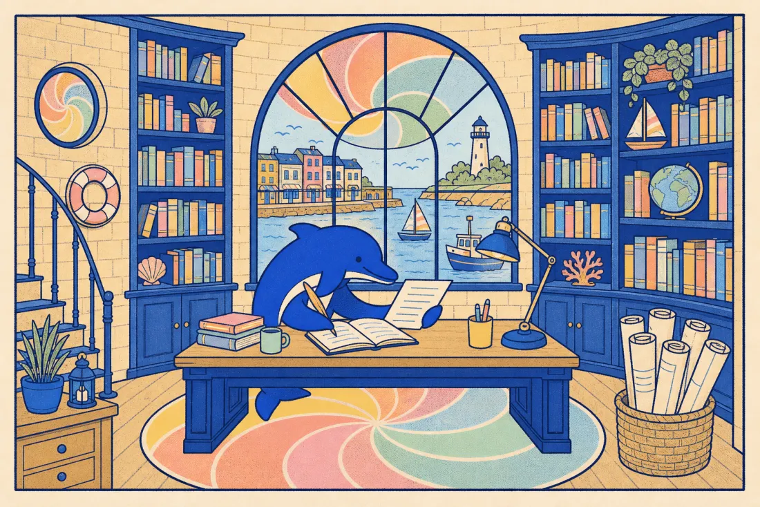 The Schmitdy reading room, a lighthouse study where the dolphin writes the dispatches