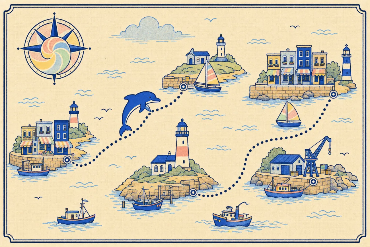 Eine Seekarte der Karrierereise von Hafen zu Hafen, der Delfin zeichnet die Route nach