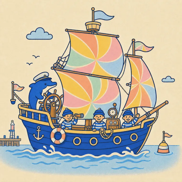Der Delfin als Kapitän eines bemannten Schiffs mit candy gestreiften Segeln