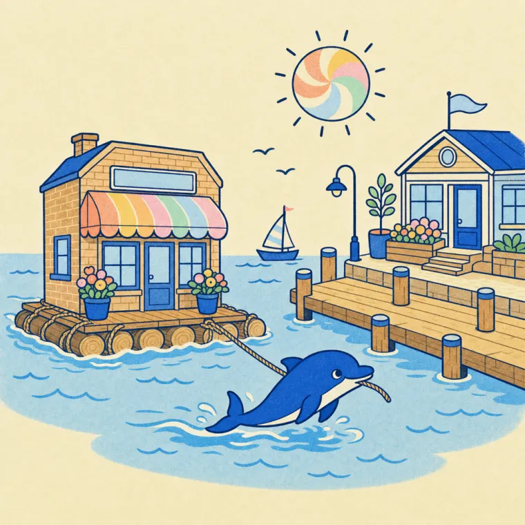 Eine Ladenfront, die der Delfin zu einem neuen Dock zieht