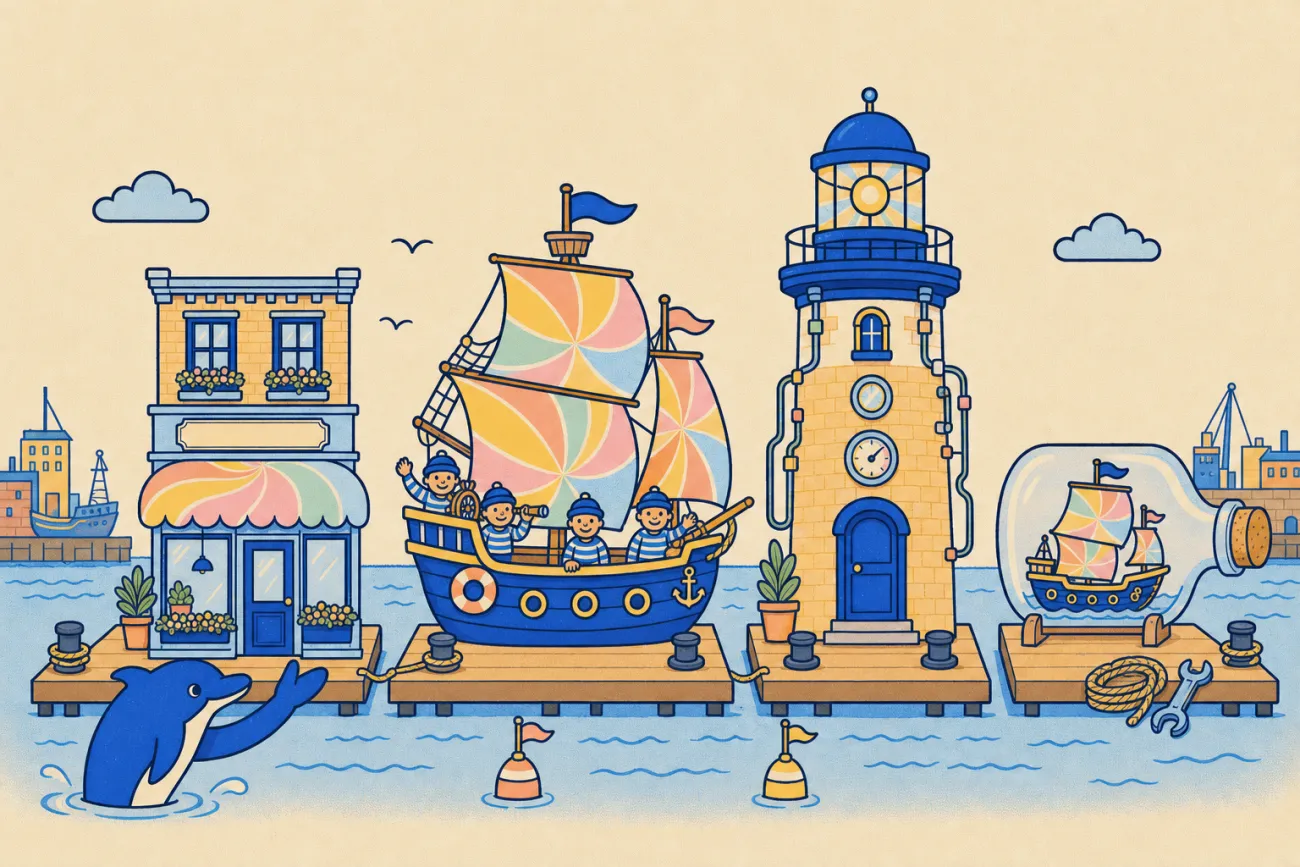Vier Hafenformen, eine renovierte Ladenfront, ein bemanntes Schiff, ein Leuchtturm Kontrollturm und ein Schiff in der Flasche Kit, die vier Wege mit Schmitdy zu arbeiten