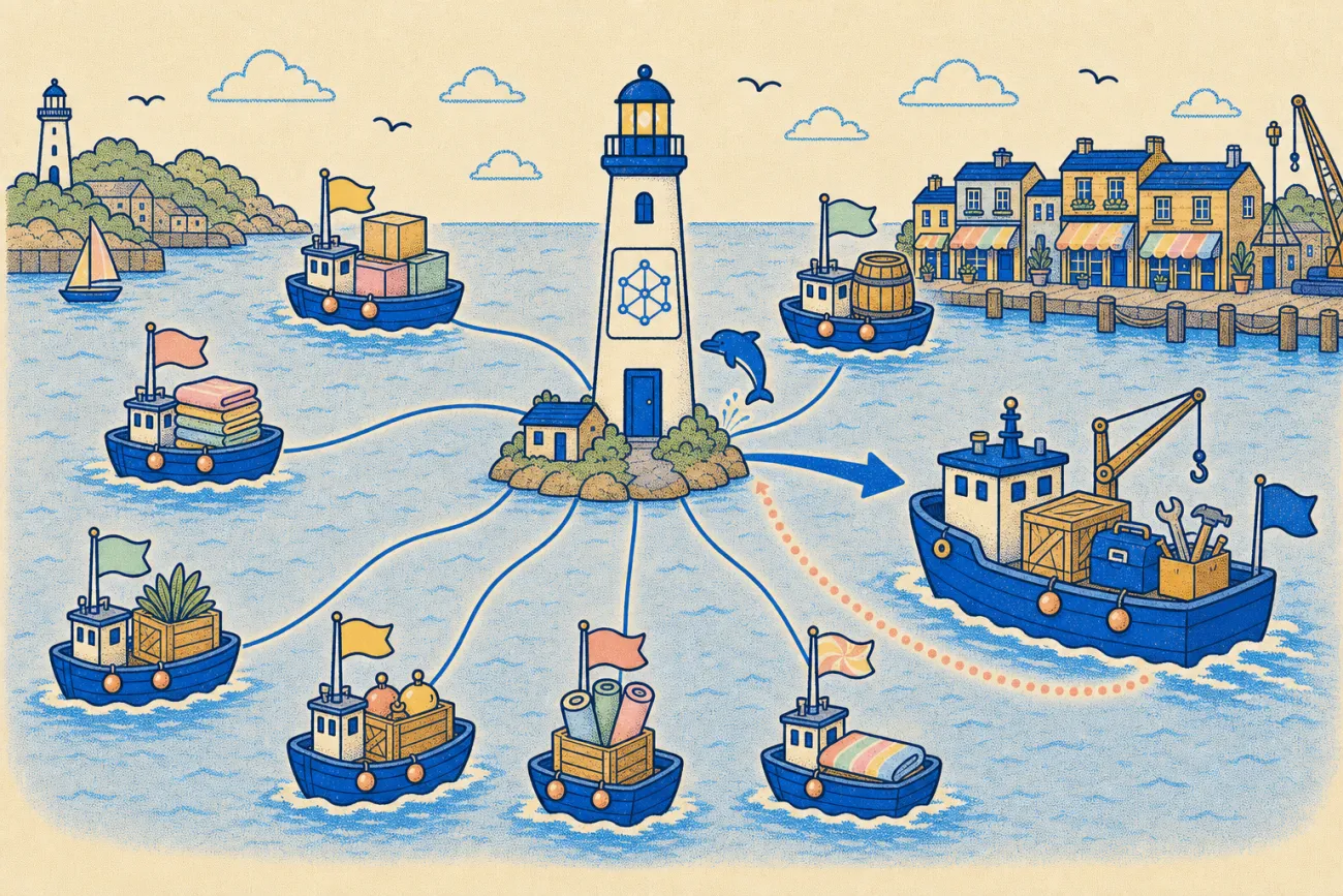 Seven little boats of data sailing into one lighthouse decision layer, one ship sailing out to do the work