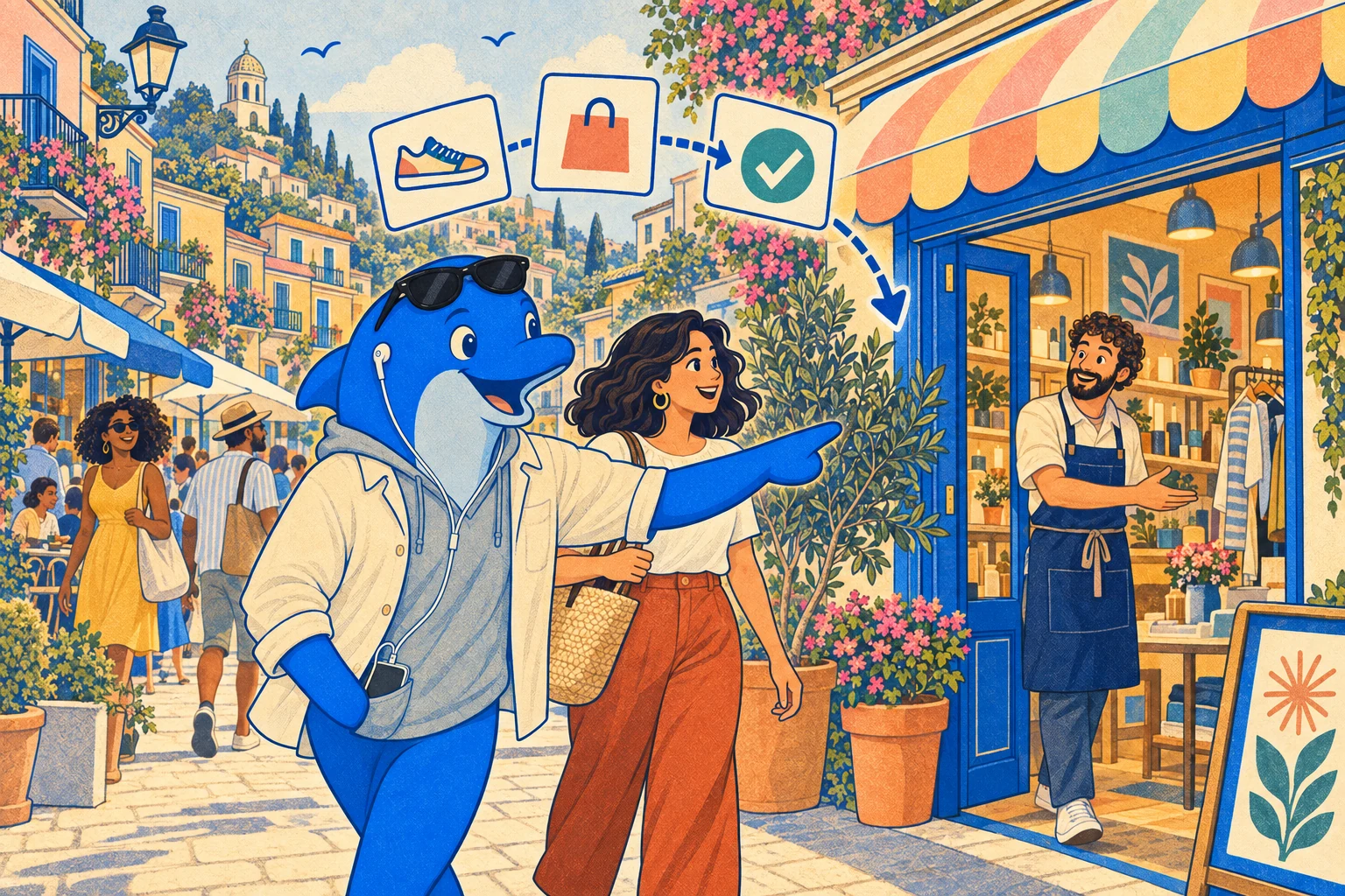 Schmitdy guiding a shopkeeper as people discover welcoming shops through search