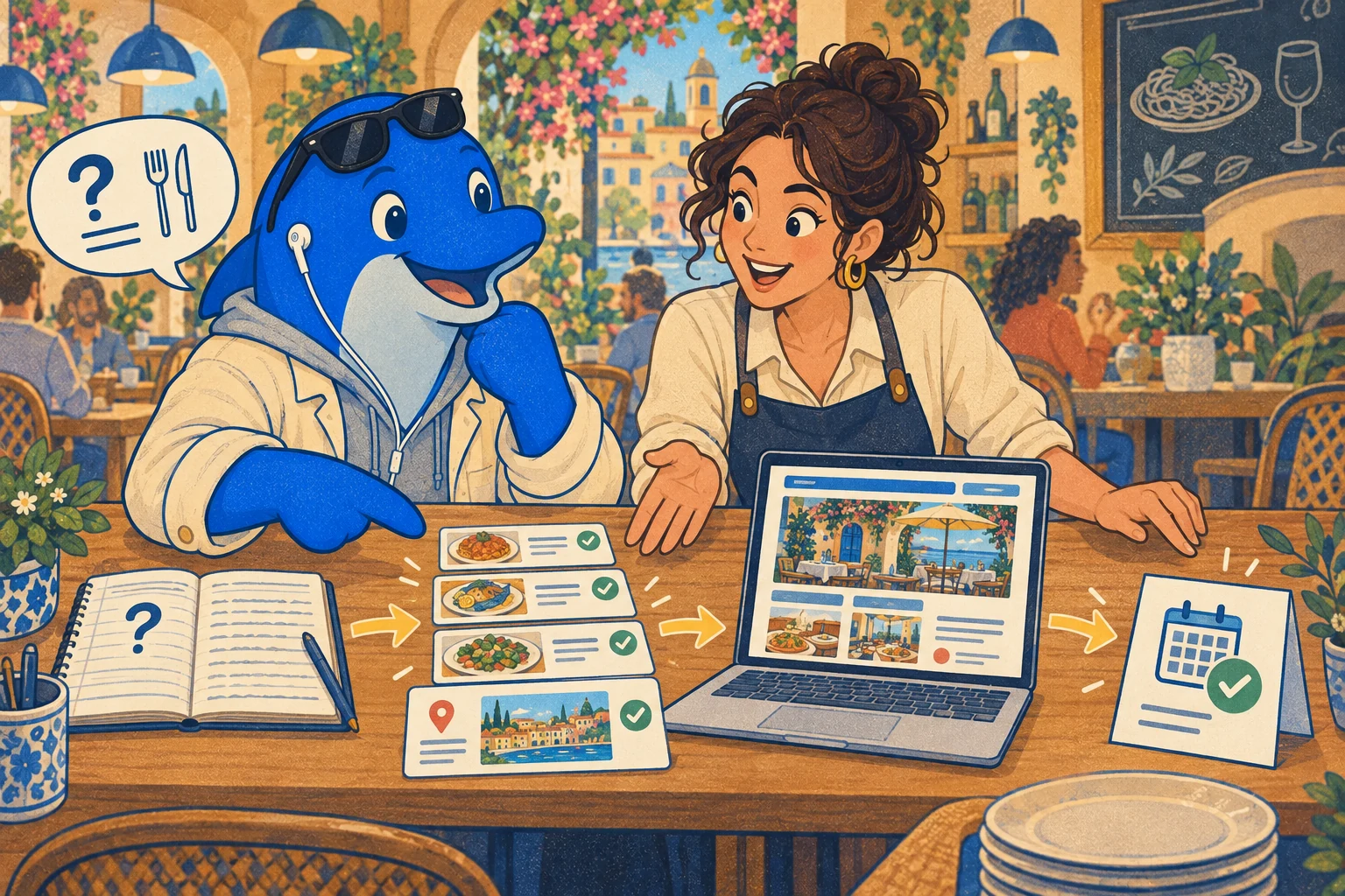 Schmitdy und eine Restaurantleiterin verbinden Gästefragen, Informationen und Buchungen