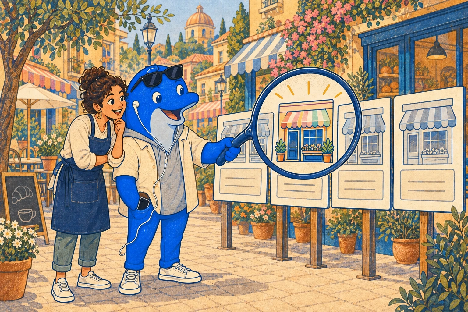 Schmitdy and a business owner look through a lens at a row of answer cards