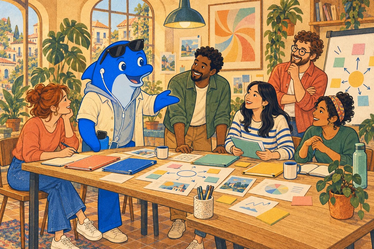 Schmitdy welcomes a team into a working session with their own folders on the table