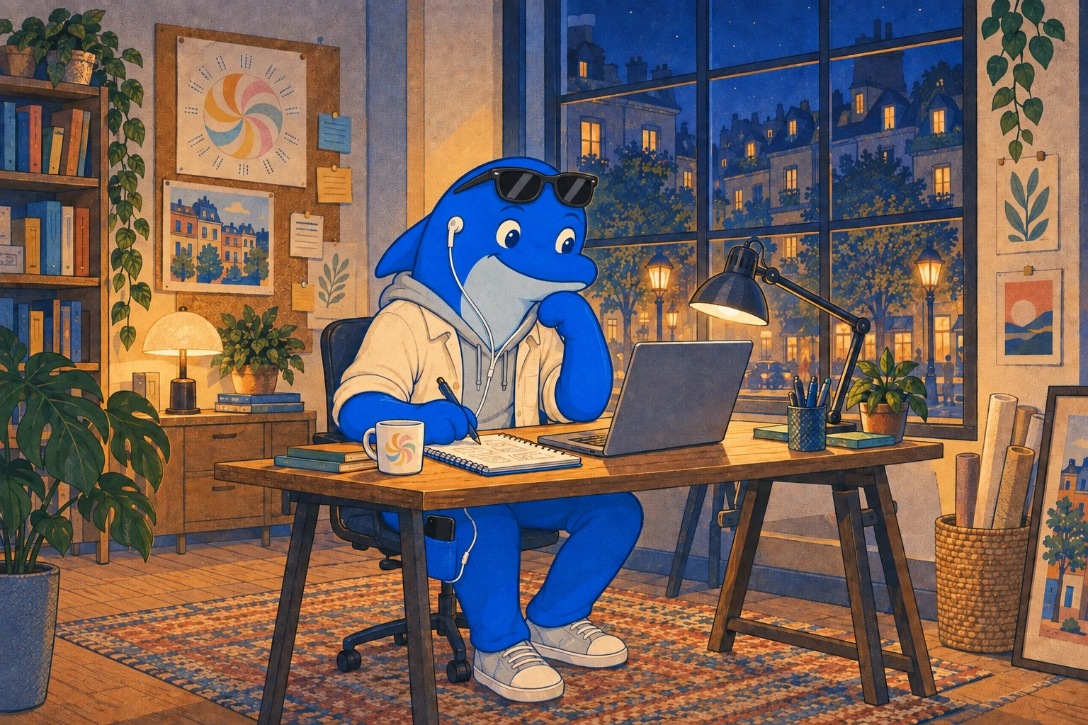 Schmitdy working at a lit desk late at night above a quiet street