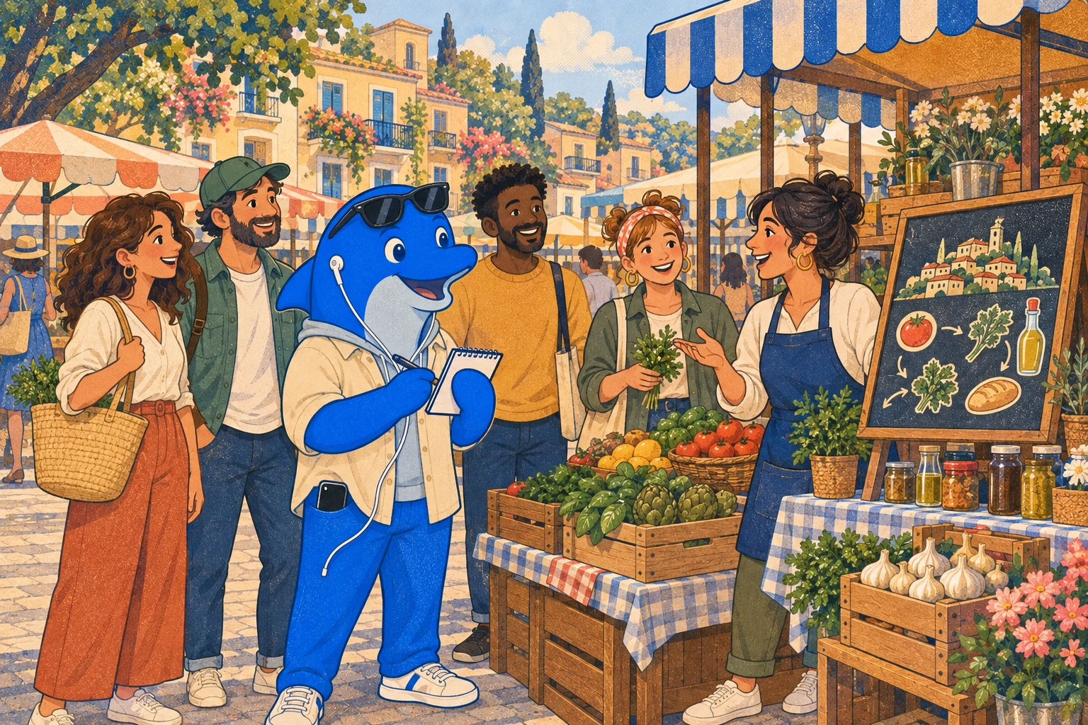 People at a local street market share what they know with Schmitdy, who takes notes