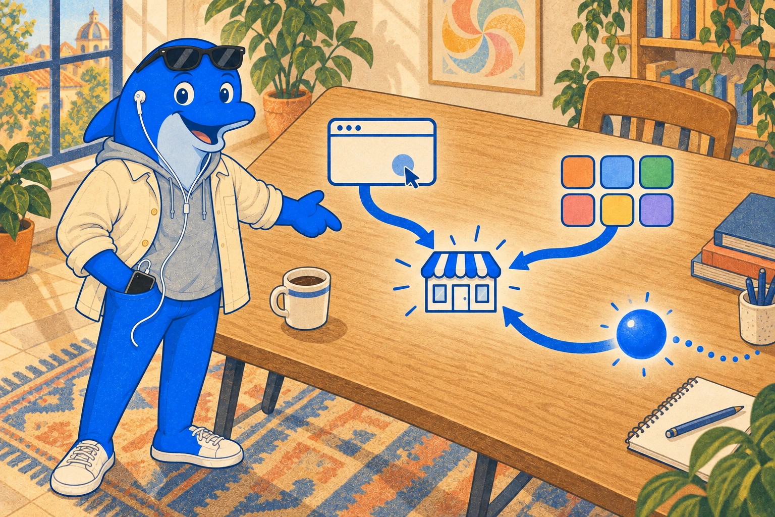 A browser-window icon, a grid of six plain app icons and a glowing memory orb each send a curved path to a small shopfront on a desk, while the Schmitdy dolphin points at where the three paths meet.