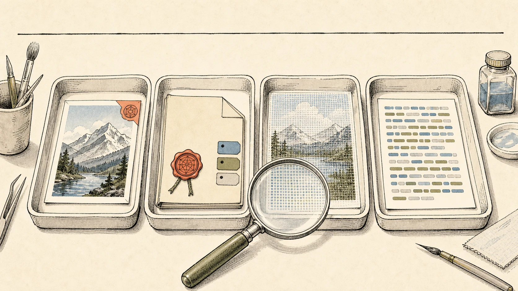 Vier Prüfschalen zeigen ein sichtbares Kennzeichen, signierte Dateimetadaten, ein im Bild eingebettetes Pixelmuster und ein statistisches Tokenmuster im Text.