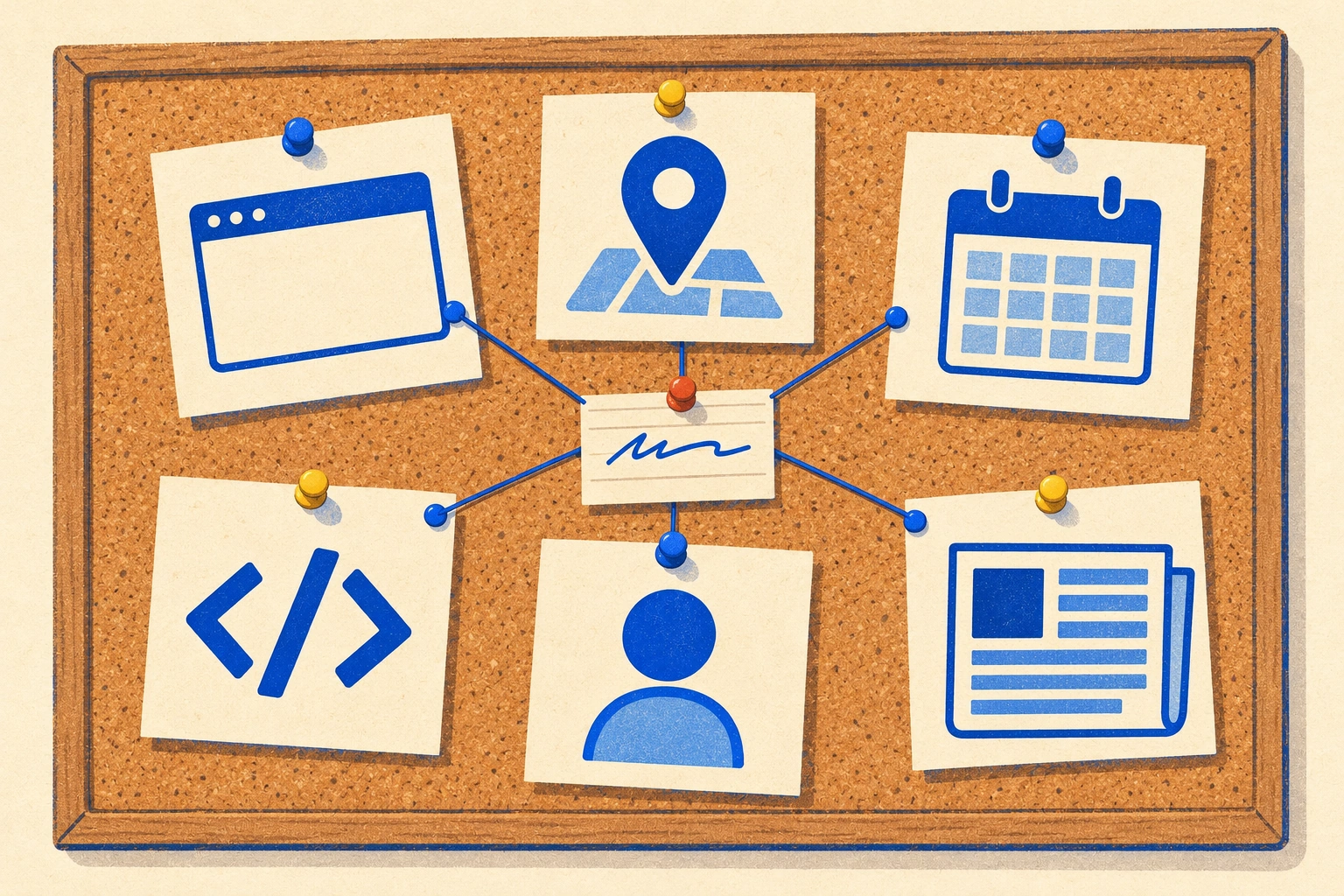 A pinboard of six cards joined by one string: website, profile, booking page, press clipping, social bio and code brackets.