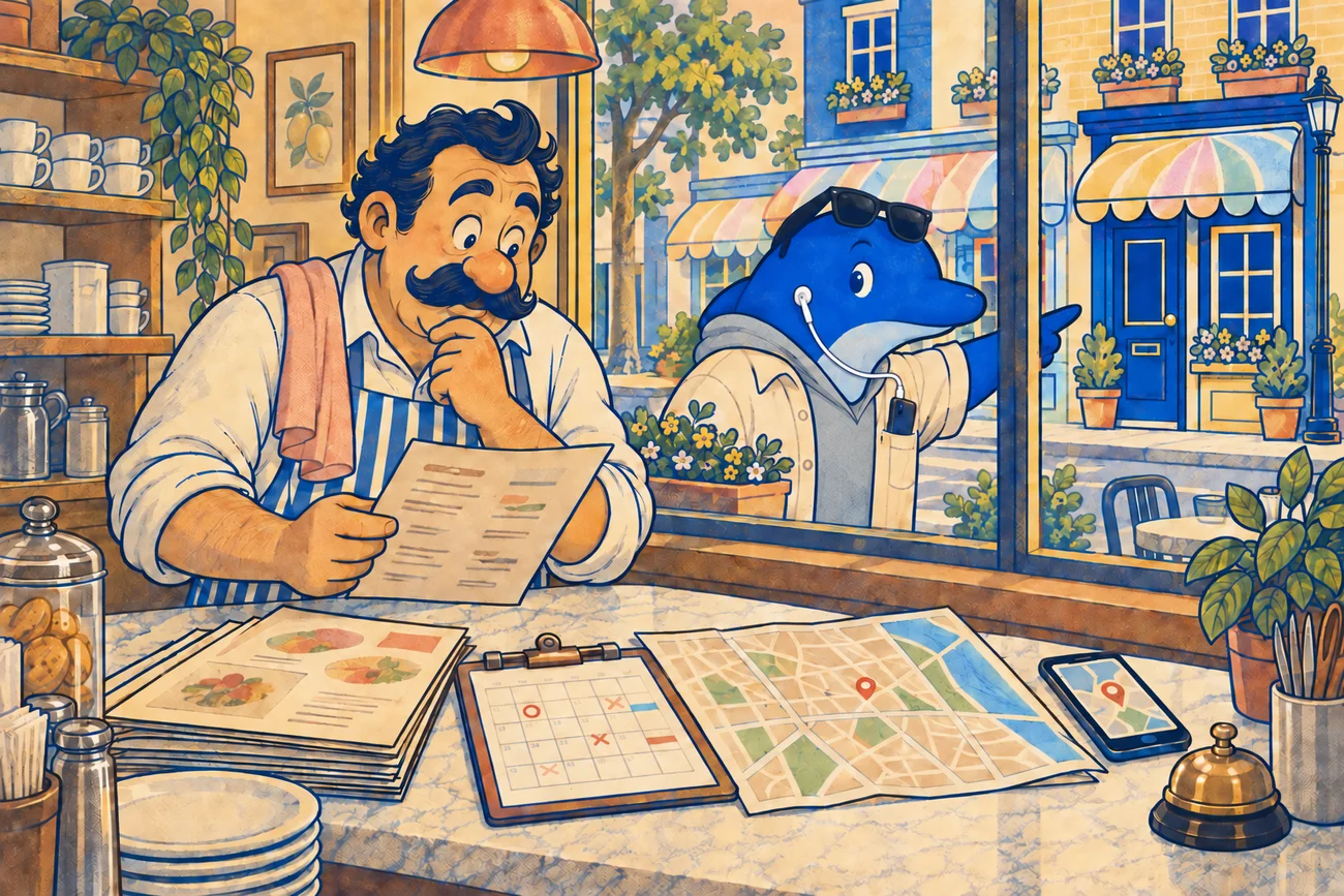 Eine Restaurantleitung prüft vor der Eröffnung Speisekarte, Kalender und Stadtplan.