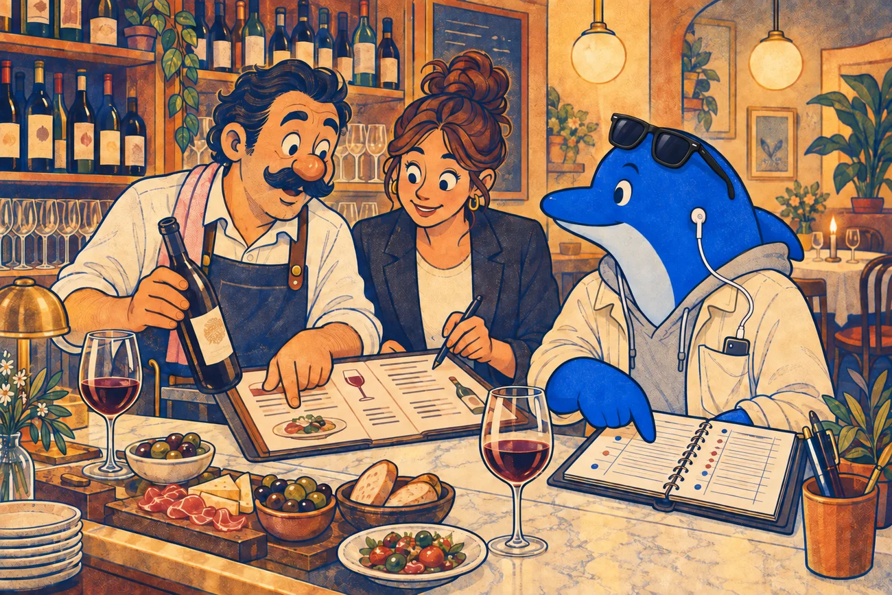Sommelier und Restaurantleitung prüfen gemeinsam Angaben zu Essen, Wein und Reservierungen.