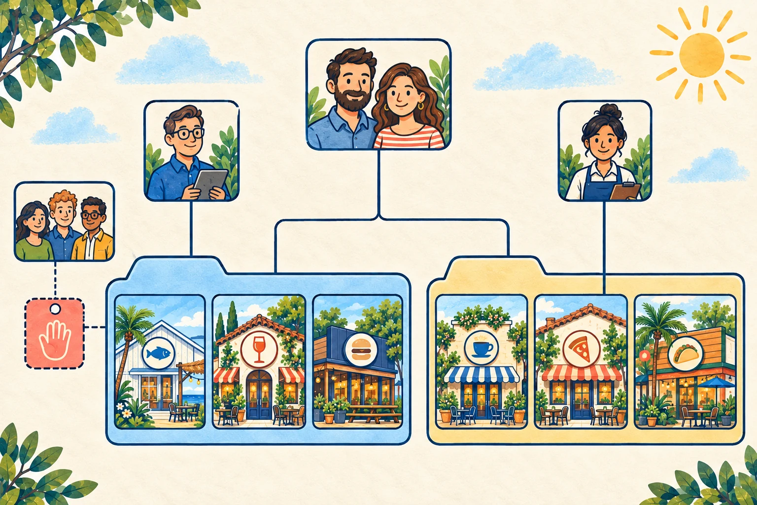 A restaurant group maps ownership and limited agency access across its location profiles.