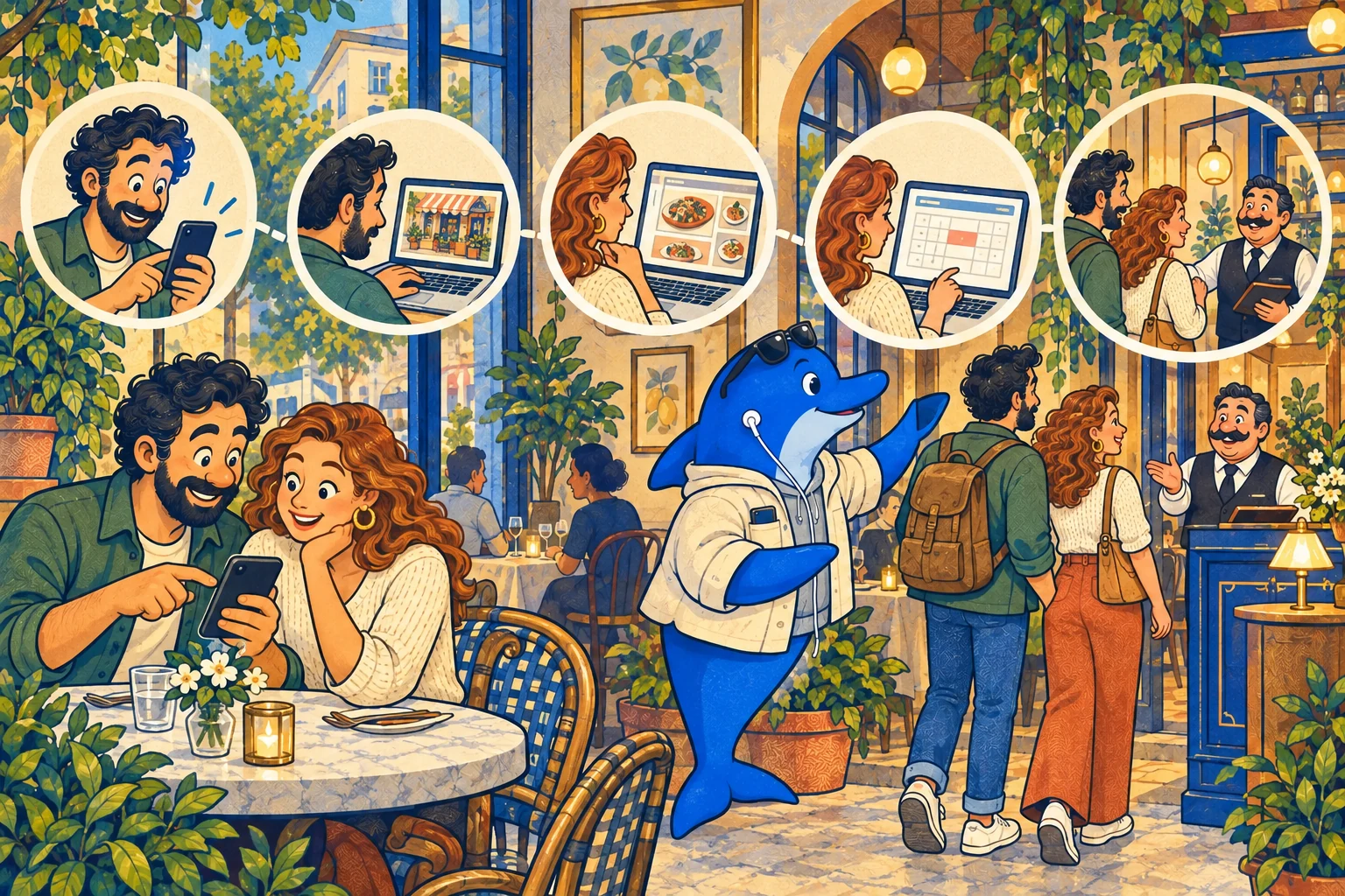 Five separate checkpoints from an AI answer to a confirmed restaurant table; no arrow skips the booking provider.