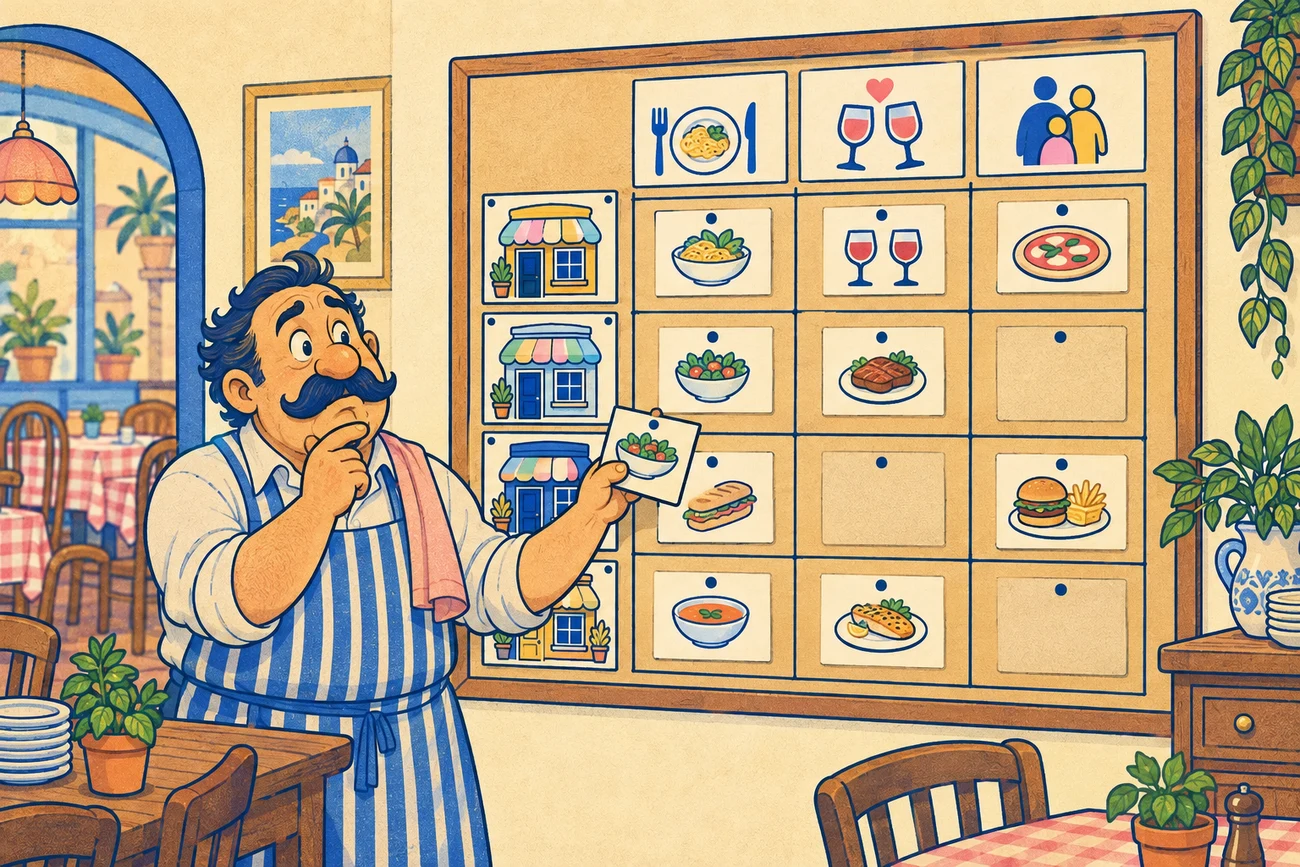 A restaurant operator checks a grid of venues and guest occasions, with included checks and untested gaps visibly separate.