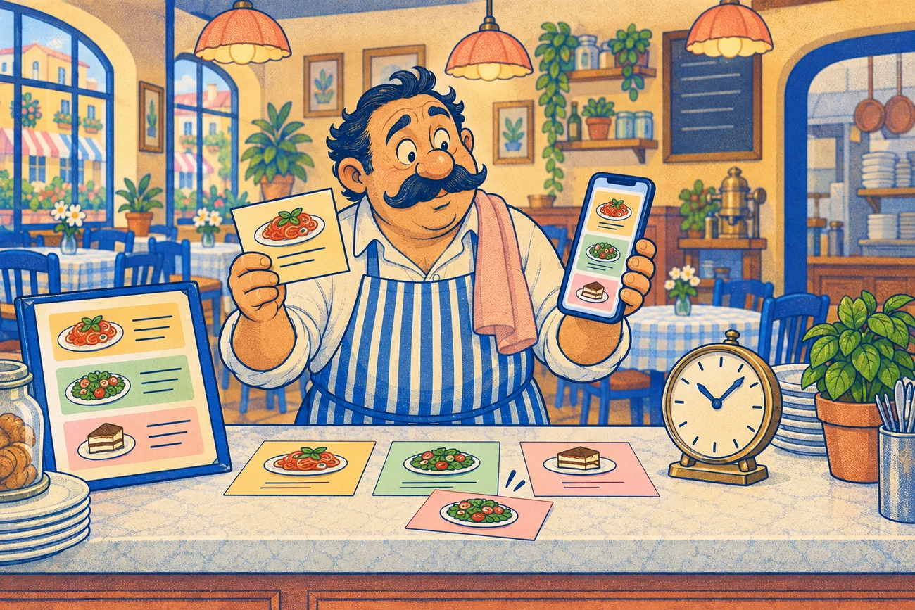 A restaurant manager checks that the main menu, delivery listing and pickup hours describe the same branch and current service.