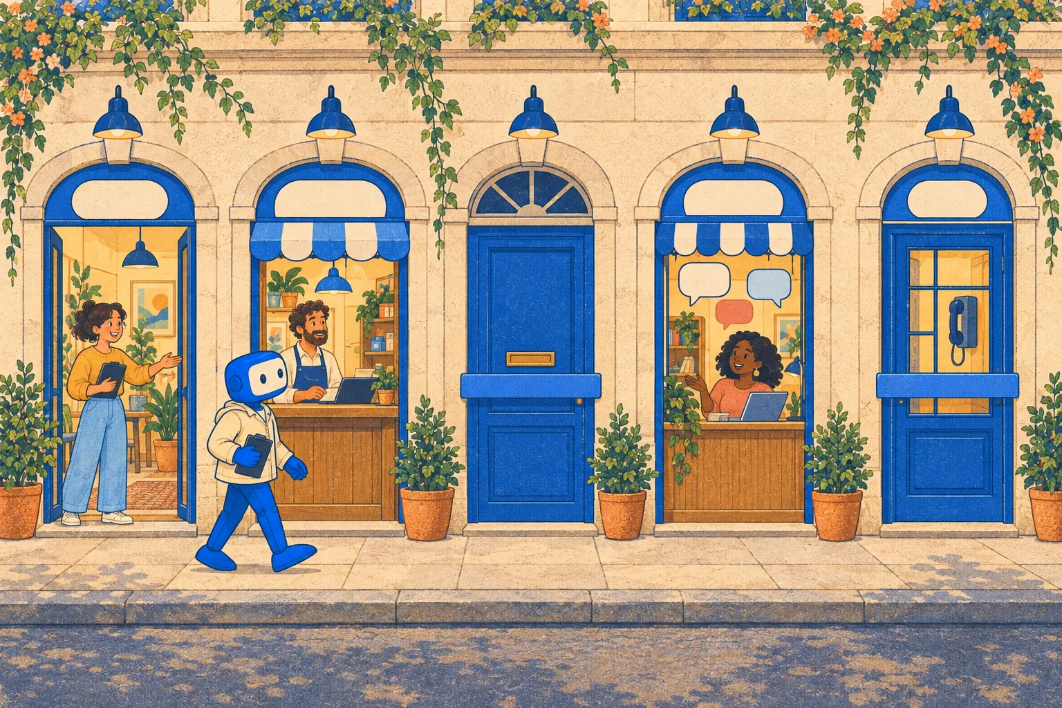 Five doors along one shopfront, a web arch, a booking counter, a letterbox, a messaging kiosk and a phone booth, three open and two barred, as a machine assistant walks the row.