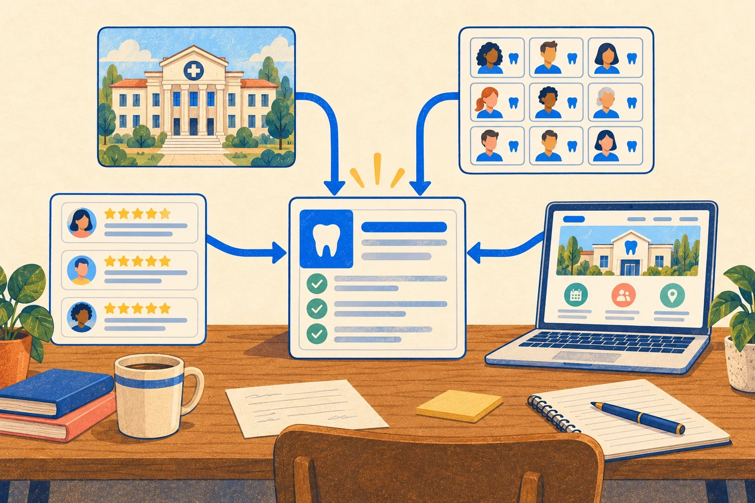 Illustration of an AI assistant's answer drawing information from NHS.uk, a directory listing, a review platform and a dental practice's own website, with lines connecting each source into one generated answer