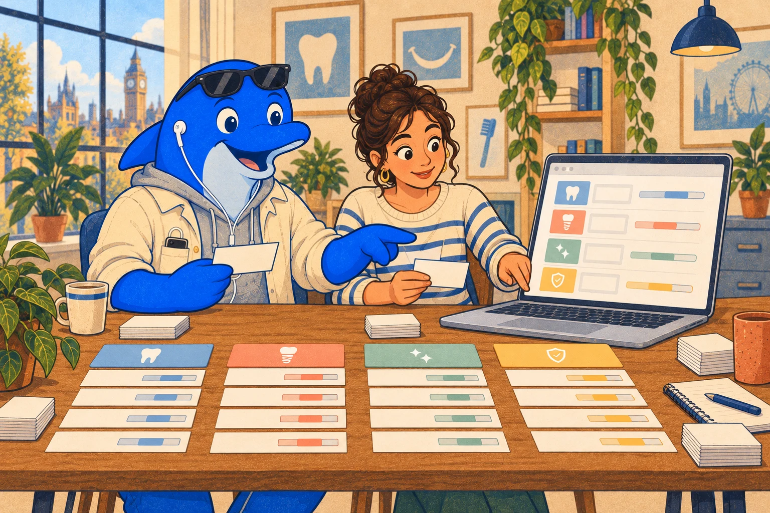 Illustration of a dental practice fees page organised into a clear treatment price table, with ranges for check-ups, Invisalign, implants, bonding and whitening laid out for a patient to read