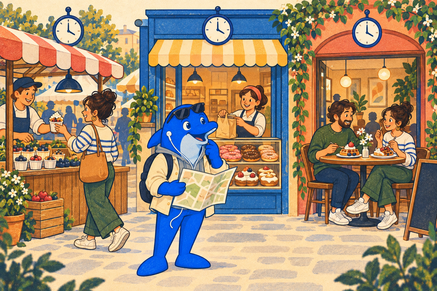 Illustrated comparison of a walk-up dessert market stall, a bakery collection counter and a seated dessert restaurant, with the Schmitdy mascot checking a map
