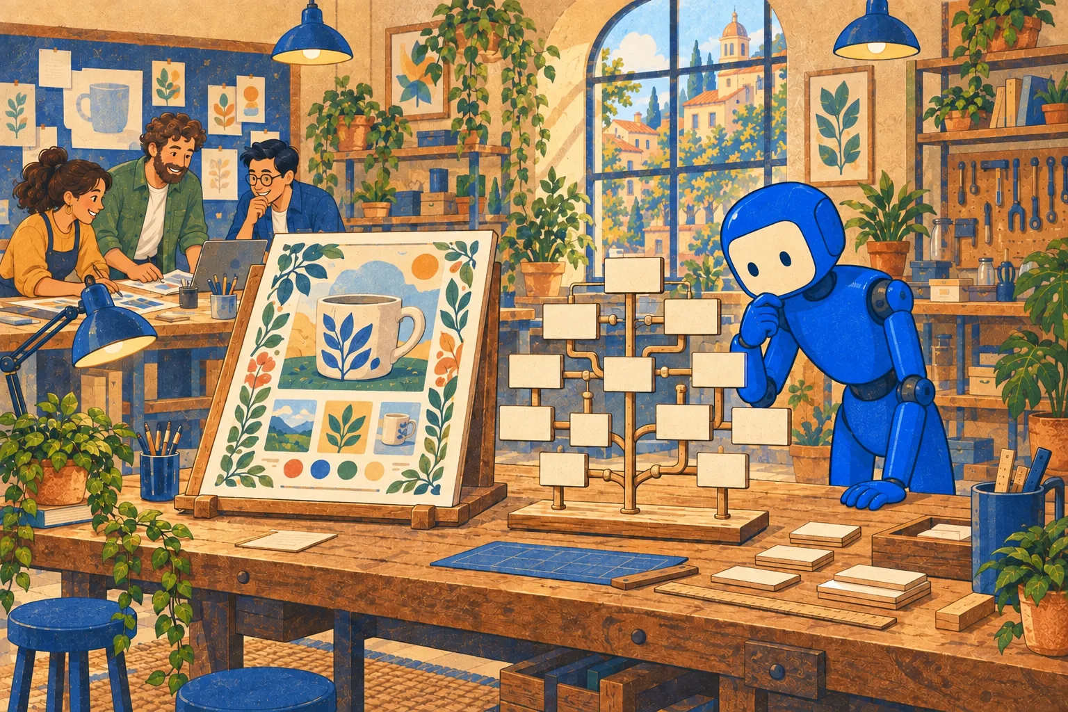 On a workshop bench, a machine reader studies a bare wooden tree of blank tiles rebuilt from a product page while the lush illustrated version of the same page stands unread beside it.