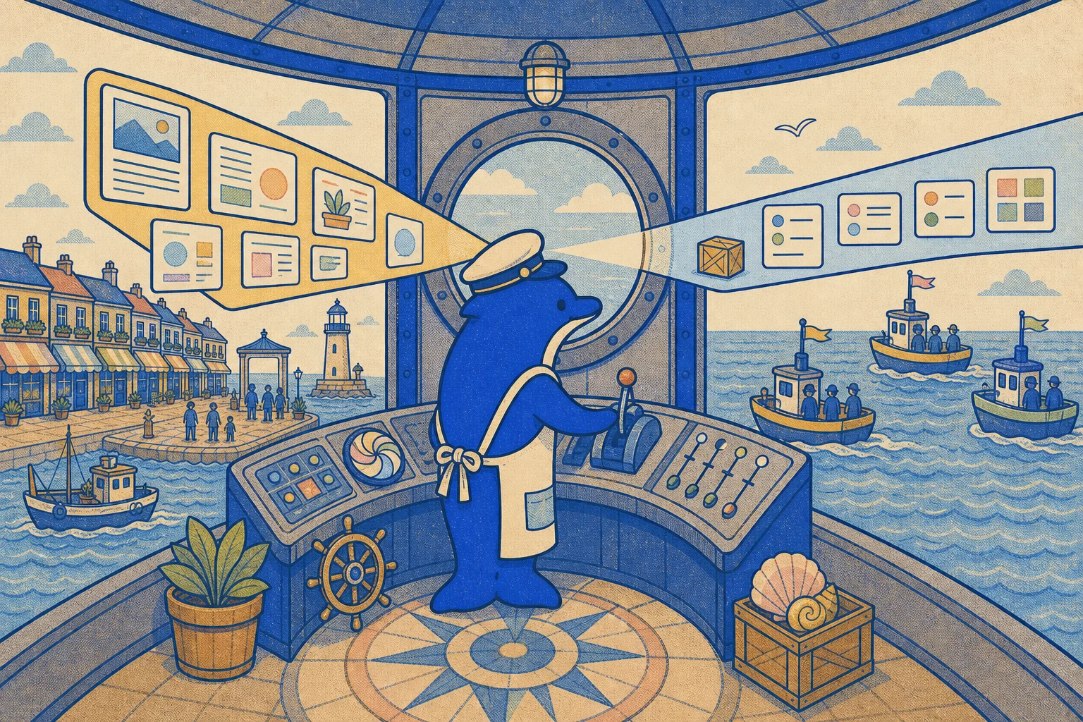 The Schmitdy dolphin routes richly illustrated pages to a human harbour and clean structured cards to a machine harbour from the same lighthouse control room.