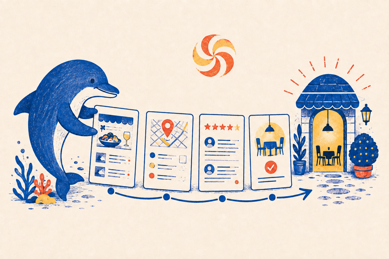 A Schmitdy dolphin lines up four restaurant evidence surfaces: the venue page, map listing, guest proof and a booking path.
