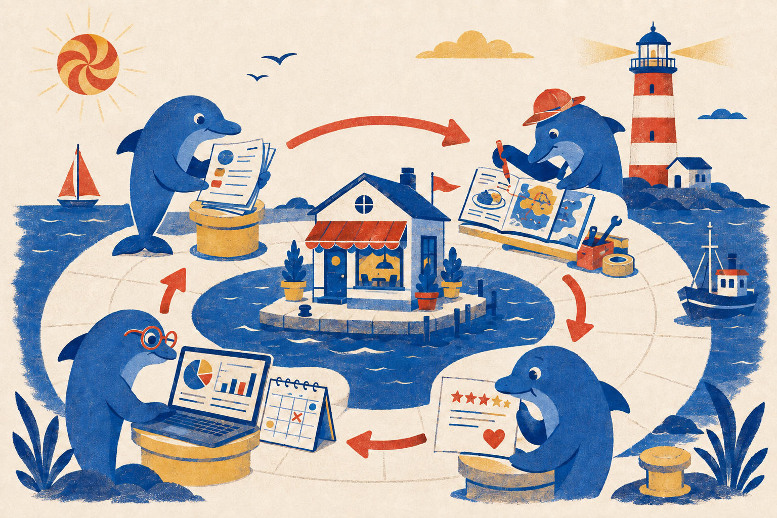 A Schmitdy dolphin leads a four-stage cycle around a restaurant: check facts, repair pages and listings, learn from guests, then read back visibility and bookings.