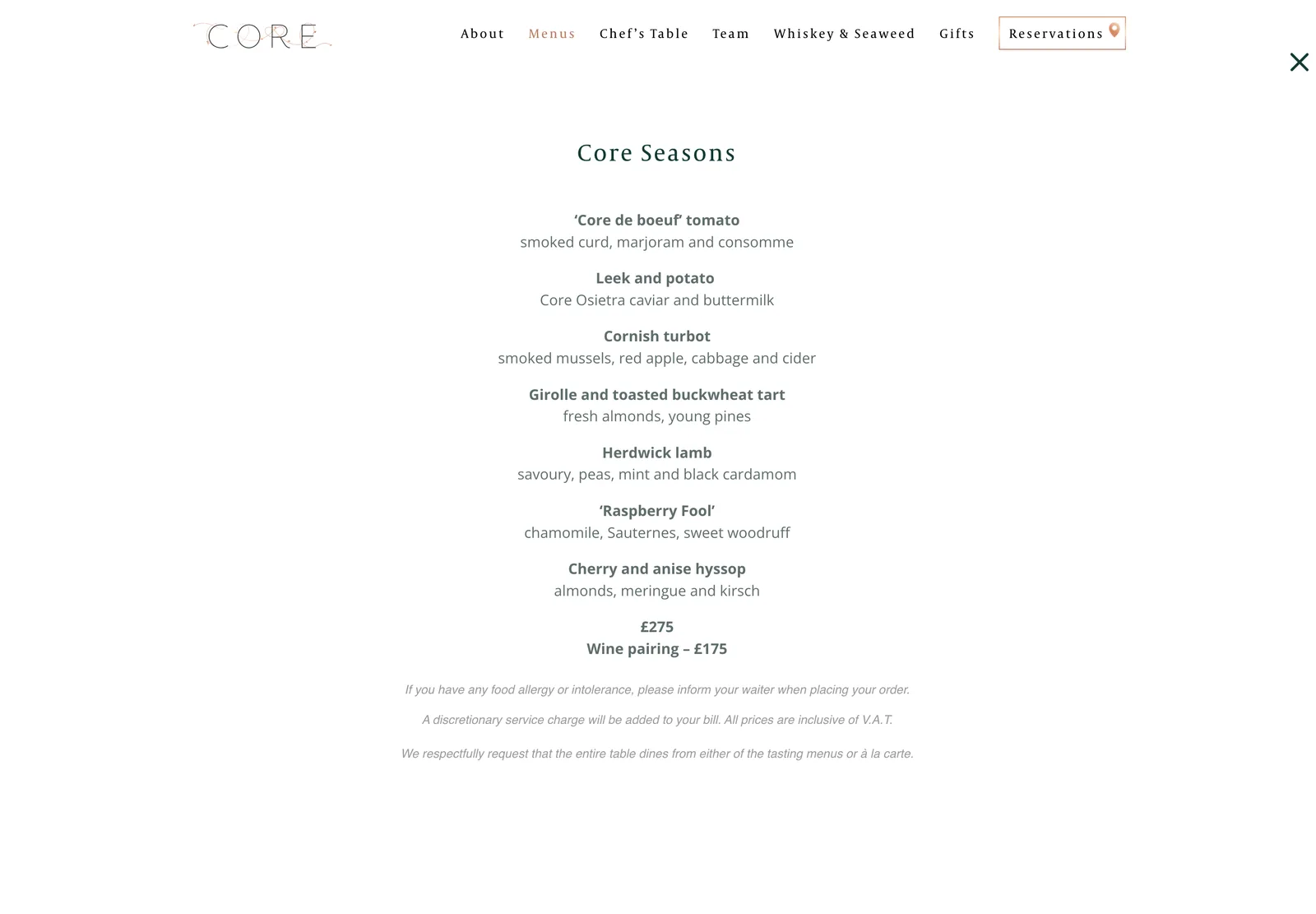 The Core by Clare Smyth tasting menu, listing each course and the menu and wine pairing prices
