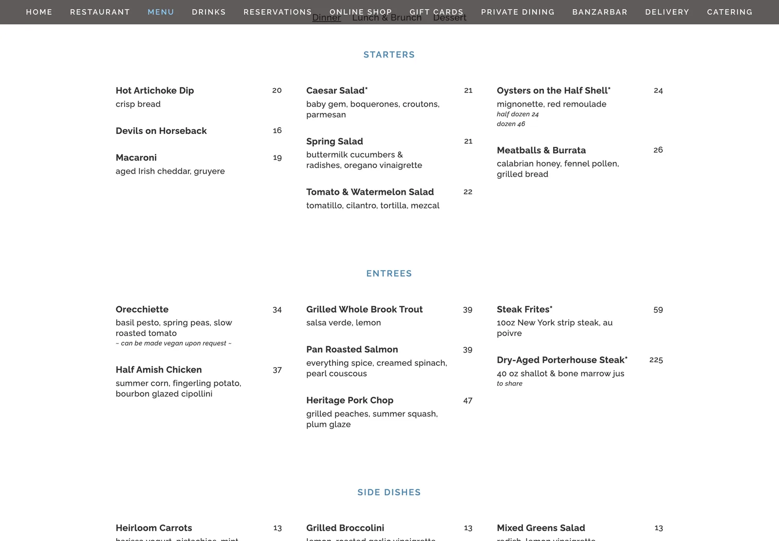 The Freeman's menu on Squarespace, showing starters and mains with prices as text