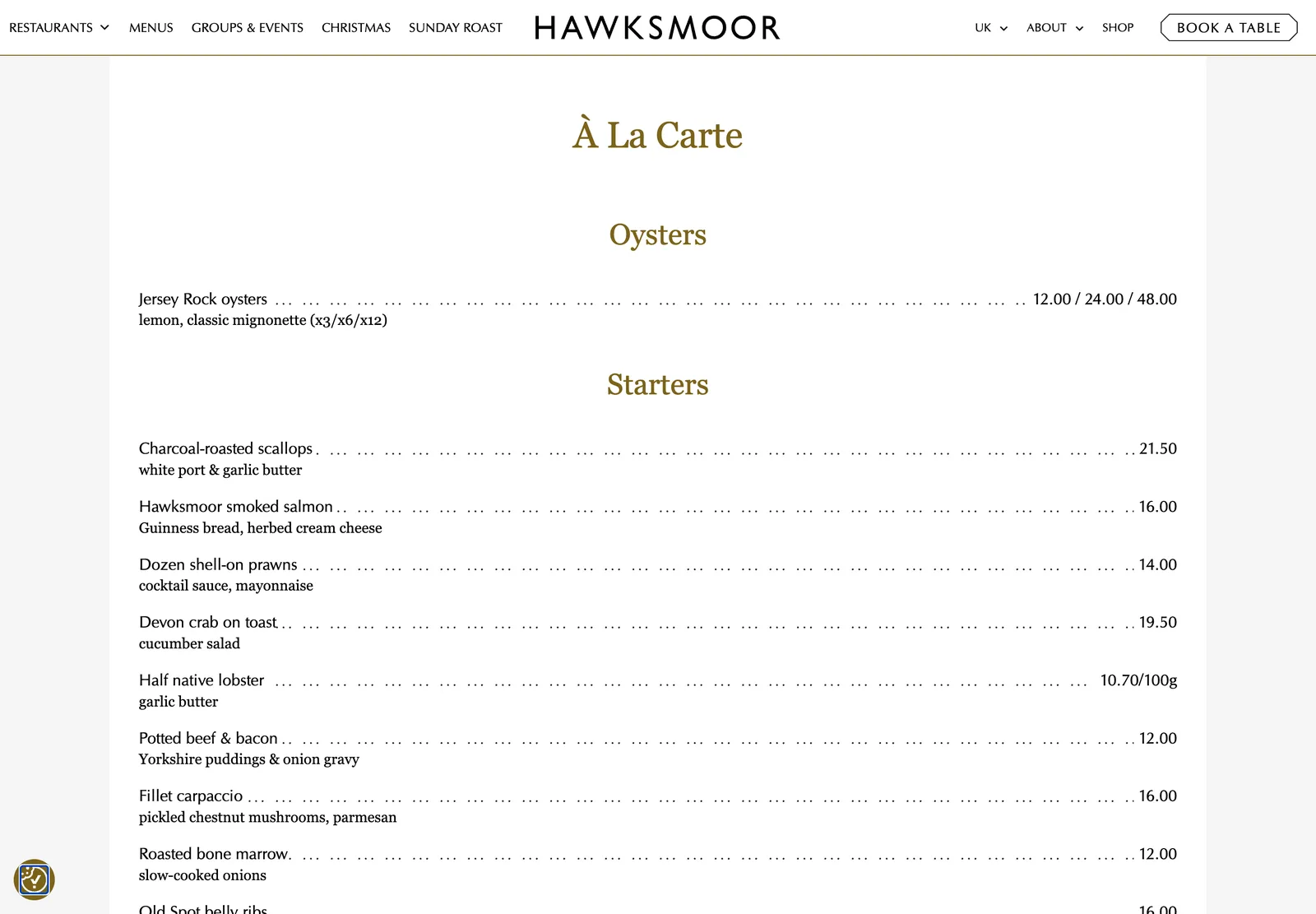 The Hawksmoor Borough a la carte menu page, showing dish names, descriptions and prices as selectable text
