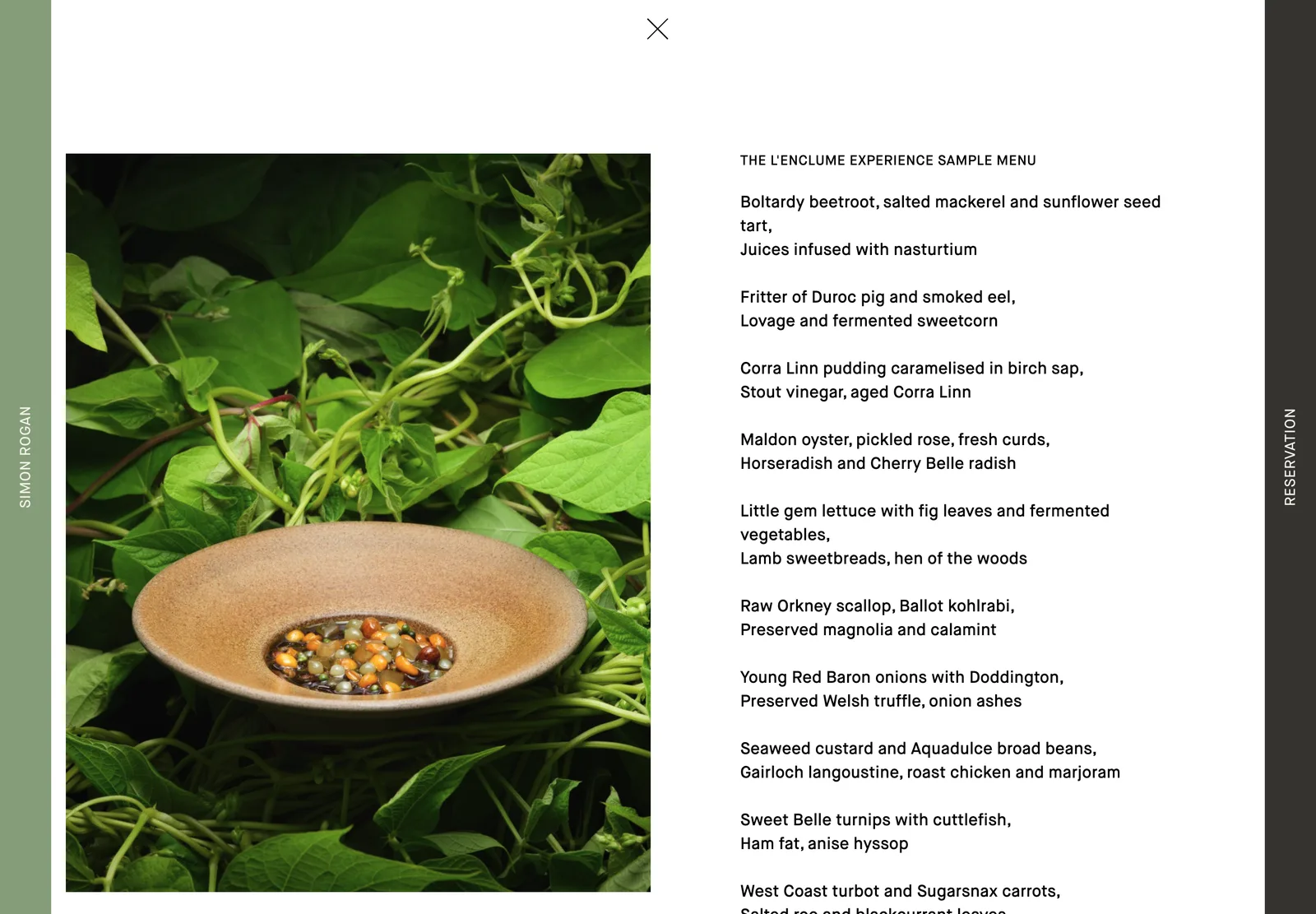 The L'Enclume sample tasting menu, listing each course and five tiers of wine pairing