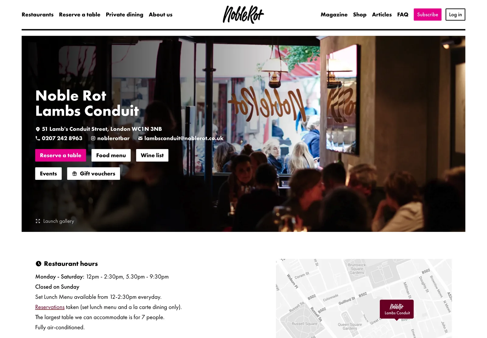 The Noble Rot Lamb's Conduit page, where the food menu and wine list are links to PDF downloads