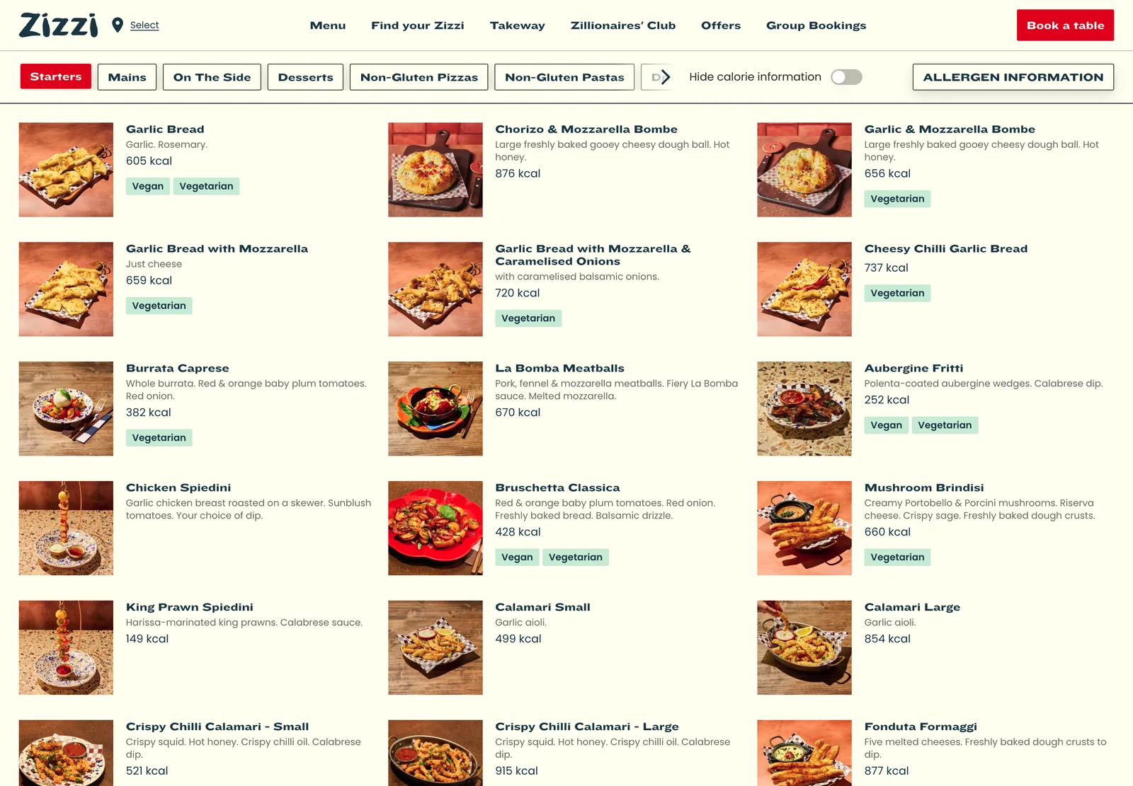 The Zizzi menu page showing dishes with calorie counts and vegan and vegetarian labels as text