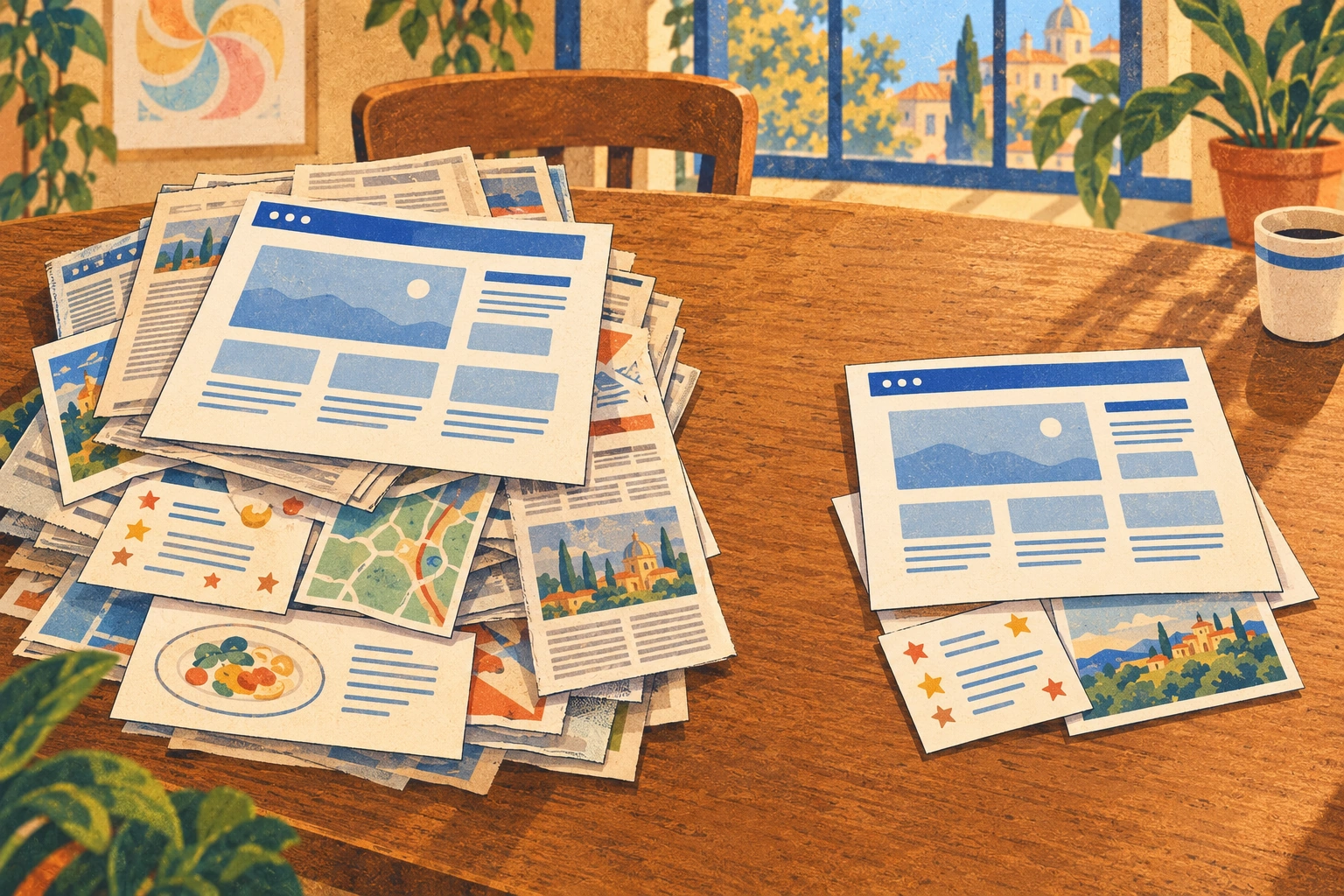 Two piles of paper evidence on a table, one thick with clippings, guide pages and review cards, the other thin.