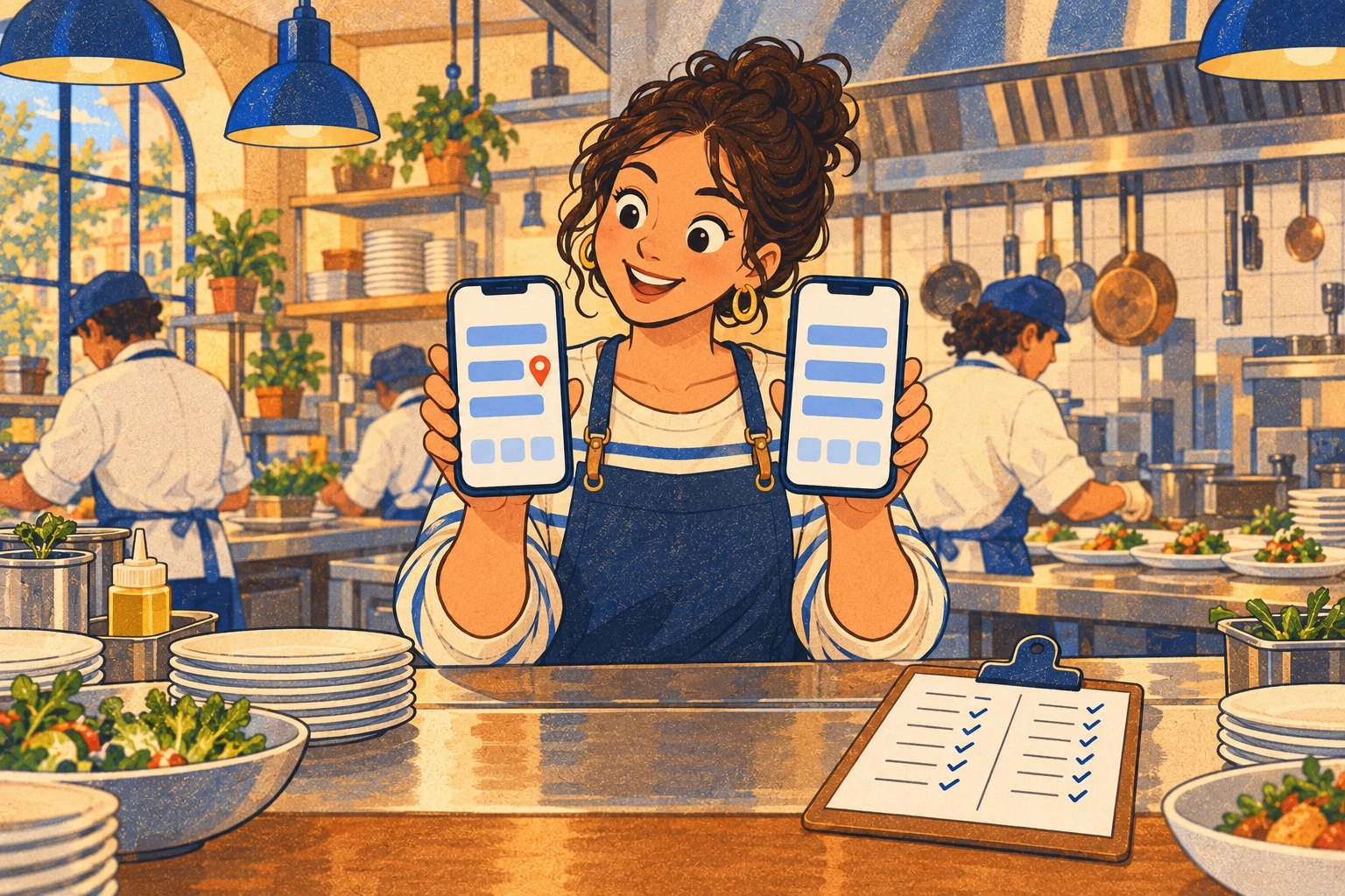 A restaurant manager at the pass compares two phones, one showing a short list with a pin and the other a list without one.