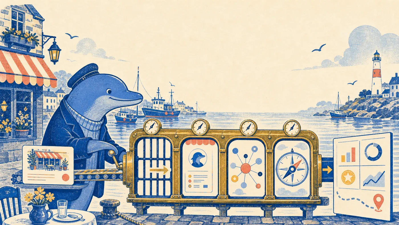 Riso illustration of the Schmitdy dolphin passing a restaurant card through four evidence gauges into a practical scorecard