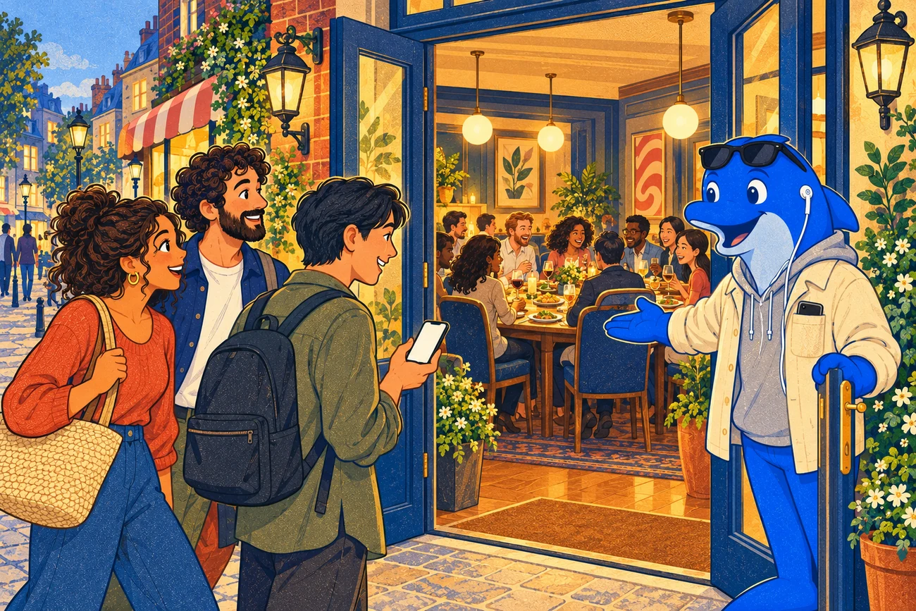 Schmitdy-Illustration einer Gruppe auf dem Weg zum Abendessen in London