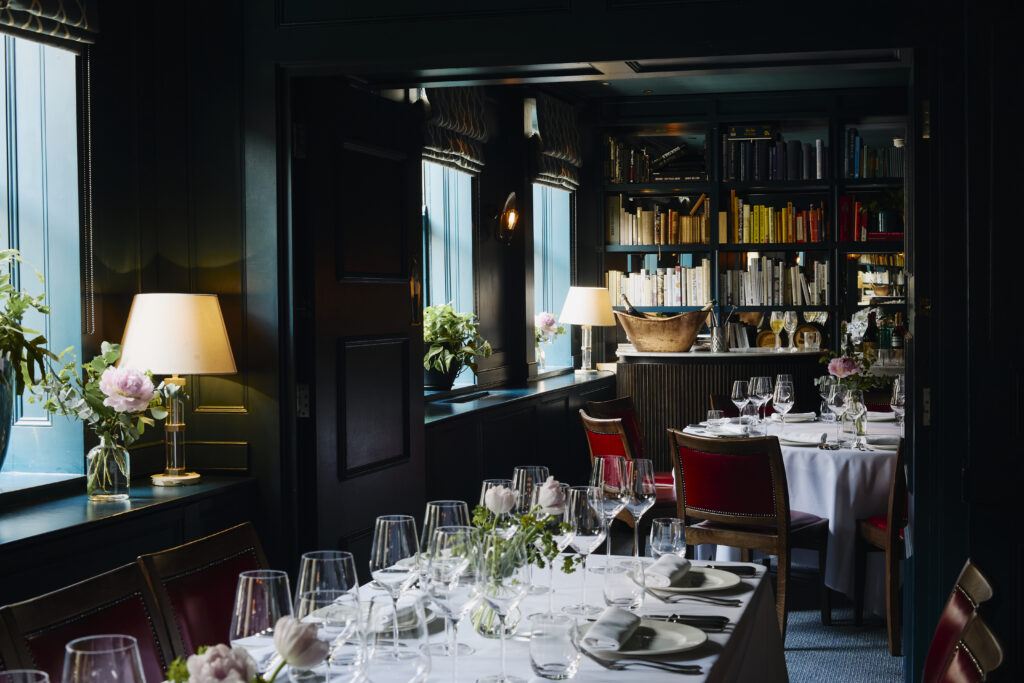 The blue-paneled Blue Room at Quo Vadis in Soho