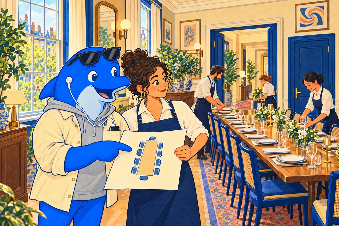 Schmitdy-Illustration verschiedener Räume für ein gemeinsames Essen